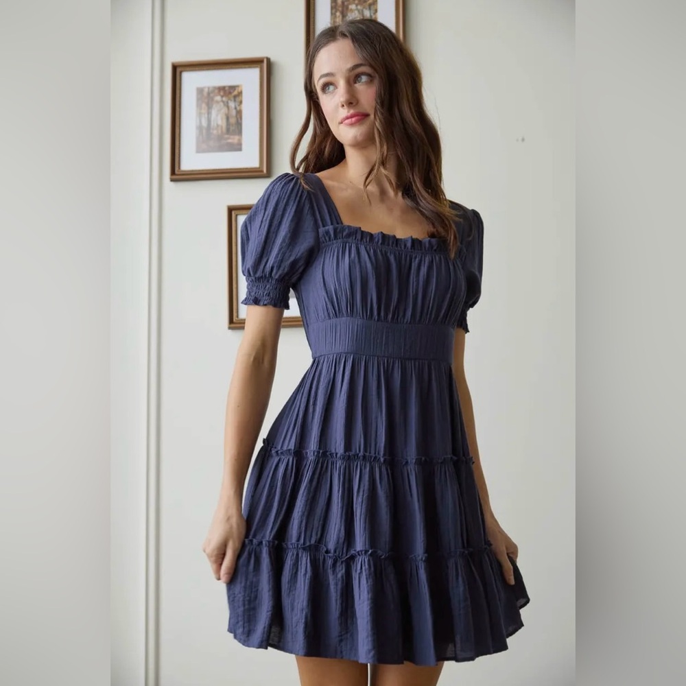 Blu Peppers Navy Blue Square Neck Smocked Tiered Mini Dress
